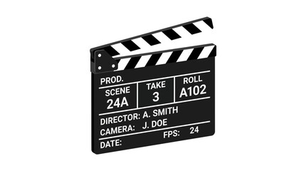 Naklejka premium Black and white cinema clapperboard showing production details in a clean isolated isometric digital view