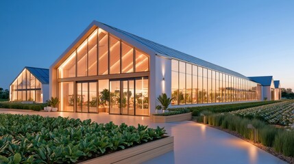 Fototapeta premium Large glass greenhouse complex glowing warm at dusk with modern architecture and garden beds