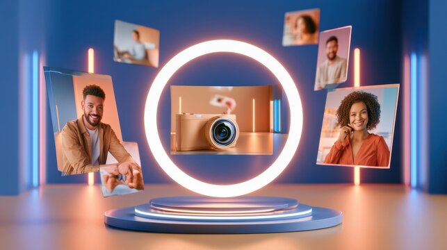 Glowing camera in abstract content creation studio with floating portraits and neon ring light