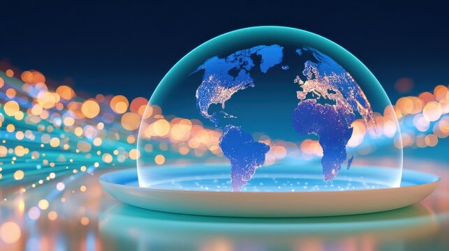 Glowing globe with world map inside transparent dome, surrounded by fiber optic light streams and bokeh background