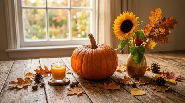 Thanksgiving Day Cozy autumn table setting with pumpkin, candle, and sunflowers