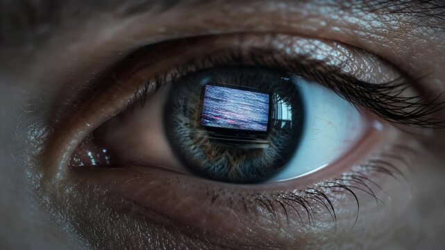Human eye closeup iris reflection screen glare television static digital distortion abstract technology blue eye focus media overload reflection