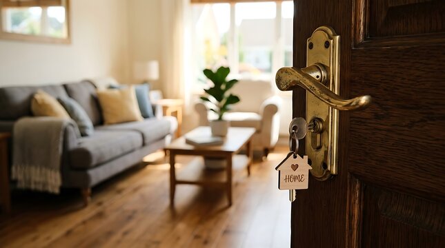 Open front door with a house key and a home keychain showing a bright and cozy modern living room interior background