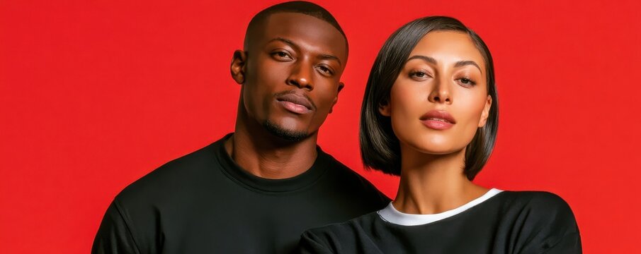 Confident modern portrait of a man and woman against a bold red background