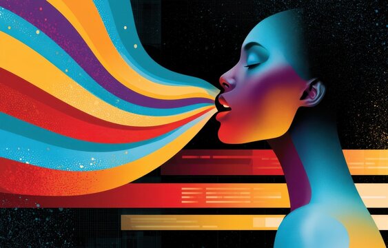 Colorful abstract portrait of a female silhouette breathing a rainbow of creative sound and expression