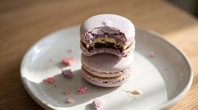 Stack of bitten purple macarons on ceramic plate. Sweet french pastry resting on wooden table in sunlight, for gourmet dessert menu.
