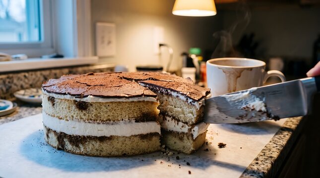 Caucasian hand slicing chocolate layered cake with knife. Person cutting sweet dessert on kitchen counter, for festive celebration.