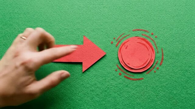 Hand Pressing Red Button on Green Background for Action or Decision