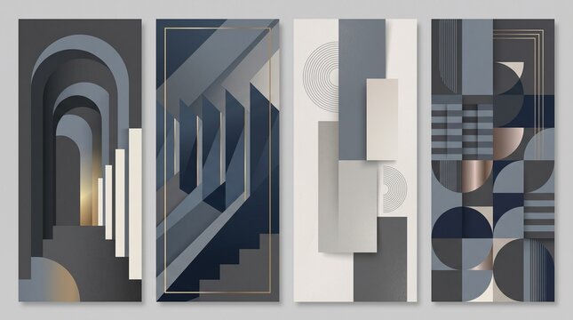 Four geometric panels with abstract arches stairs and minimalist shapes interior wall art