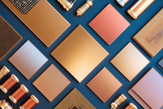Overhead flat lay of electronic components and metallic squares neatly arranged on blue background