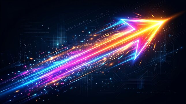 Bright glowing neon arrow moving fast with colorful light trails and sparkles on a dark black background design