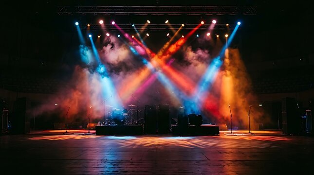 Bright colorful stage lights shining with blue and orange beams in a dark concert venue for a musical performance