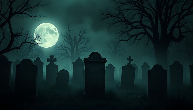 Mysterious Graveyard Silhouette Under Full Moon Night Background