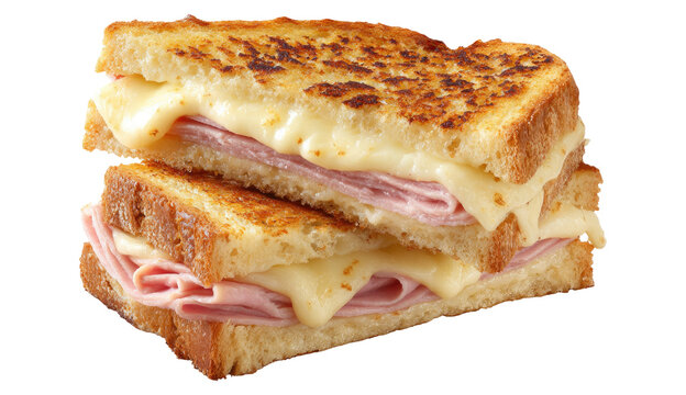 Stacked gourmet ham and cheese panini grilled sandwich with melted gooey swiss cheese on golden toasted bread isolated on a white background in PNG format