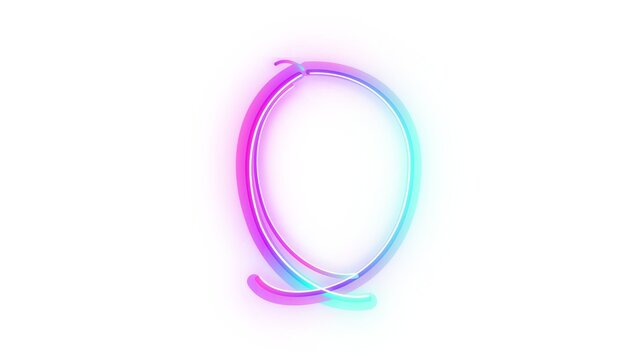 Neon letter Q featuring vibrant gradient colors of glowing pink and bright cyan set against a clean minimalist white background
