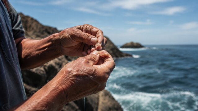 Handline fishing from rocks in subdued light with a solemn mood and carefully balanced framing scene