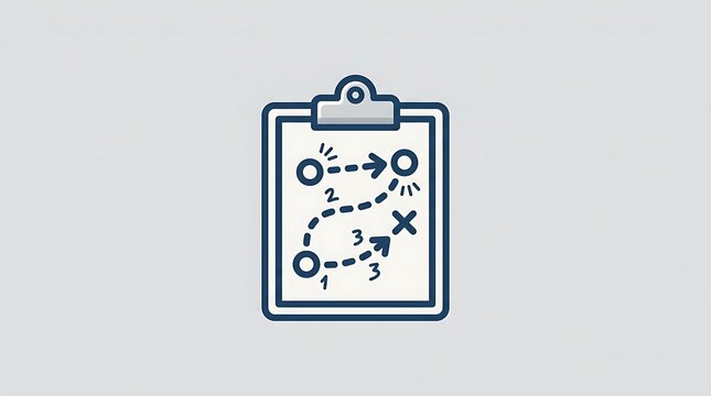 Clipboard icon with a business strategy plan drawing showing a path with numbered steps and arrows for success