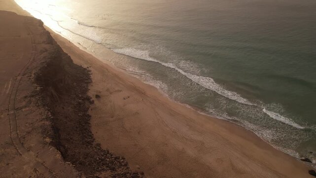 Beach in Fuerteventura, Canary Islands, during a sandstorm, 4k 30fps aerial footage, 1 inch sensor drone
