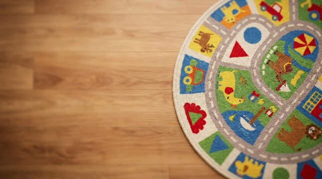 Playful Kids' Rug with Colorful Designs, Indoor Home Decor, Cozy Environment, Aerial View, Engaging Child-Friendly Concept