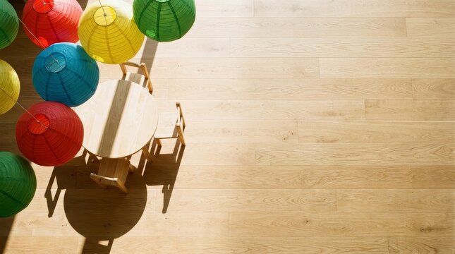 Colorful Lanterns Above a Wooden Table in a Minimalist Space