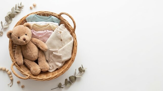 Minimalist Baby Basket with Teddy Bear and Clothing Items in Cozy Environment