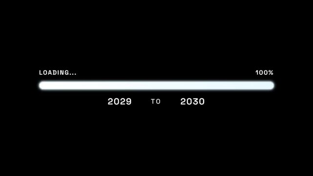 Digital loading progress bar transitioning from twenty twenty nine to twenty thirty year milestone