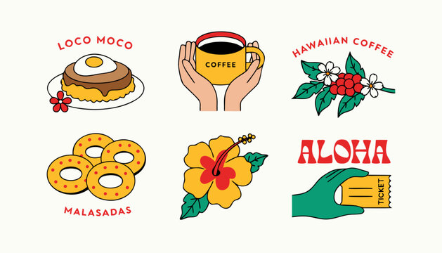 Hawaiian culture vector icons including loco moco malasadas coffee and hibiscus in flat style.