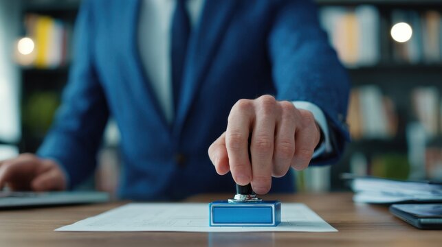 Hand Applying Blue Rubber Stamp To Document Business Office Setting