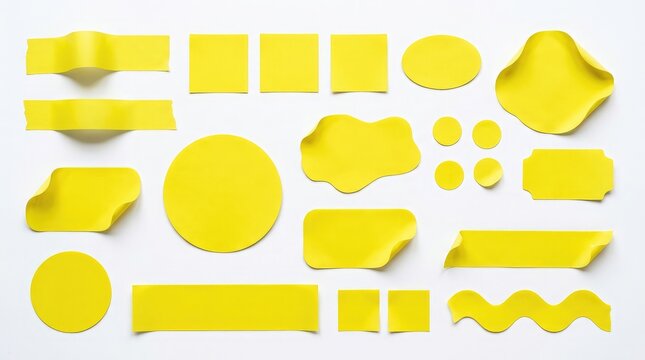 A vibrant collection of bright yellow three dimensional geometric shapes and empty blank frames displayed on a clean white background for design