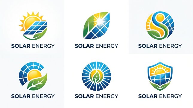 Set of six modern solar energy company logo designs featuring sun panels leaves and shield icons for sustainable power branding