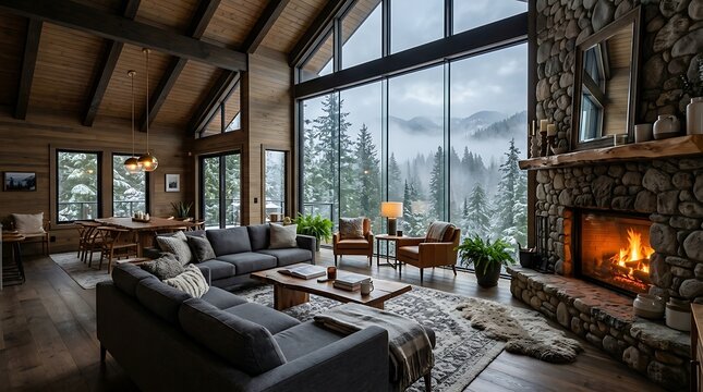 Cozy modern living room interior with a large stone fireplace and floor to ceiling windows looking at snowy trees