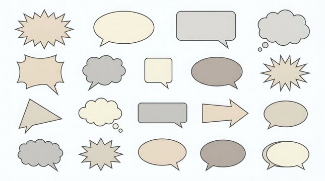 A diverse collection of blank speech bubbles and thought balloons in assorted shapes and colors set against a plain white backdrop