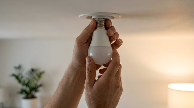 Hands installing an energy efficient LED light bulb into a recessed ceiling fixture indoors.