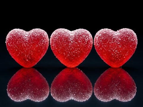 Three red heart shaped gummy candies arranged in a row isolated on a black background with a clear reflection underneath the sweet treats