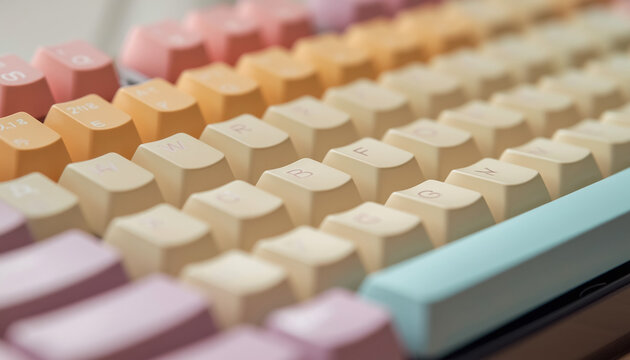 Pastel colored mechanical keyboard keys close up view for gaming or office setup.