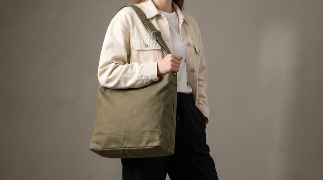 Woman wearing a functional olive green canvas tote bag with shoulder bag shoulder accessory