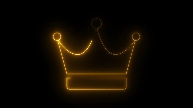 Glowing yellow neon crown icon outline royal king queen authority luxury concept dark background.