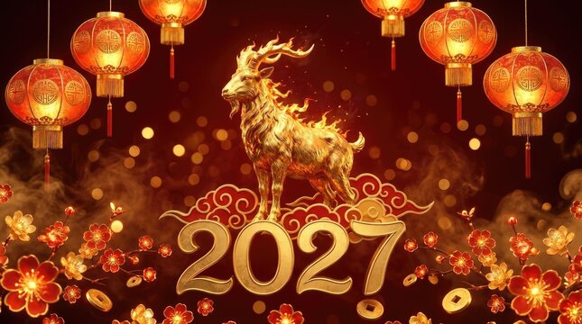 Golden zodiac caprid: Chinese calendar, Eastern congratulation, invitation template, festive banner, red background, copy space, 2027 design, flaming Sheep, shining Goat.
