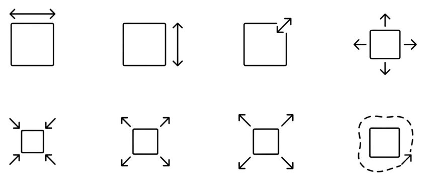 Set of square shape resize and scale transform icons with arrows in black thin line style