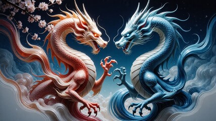 Fototapeta premium Ancient dragons lock eyes amid stormy clouds and blooming sakura