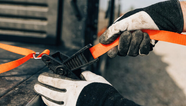 Worker securing cargo with orange ratchet strap on truck bed for safe transport