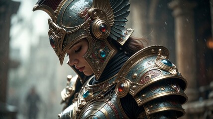 Obraz premium Close-up of a noble warrior's armored shoulder and helmet