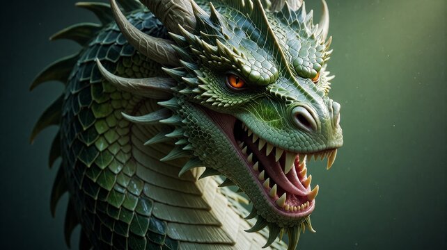Close-up of a menacing dragon with glowing eyes and open jaws