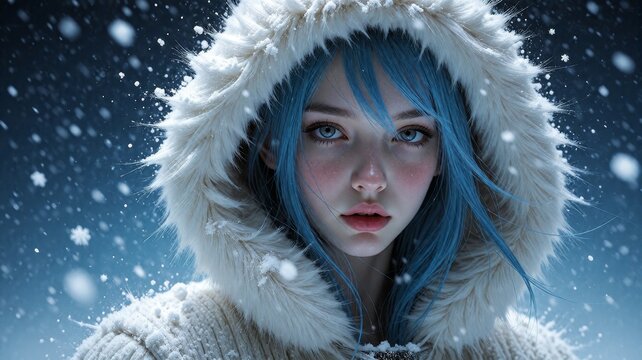 Close-up portrait of a blue-haired woman in snowy night setting