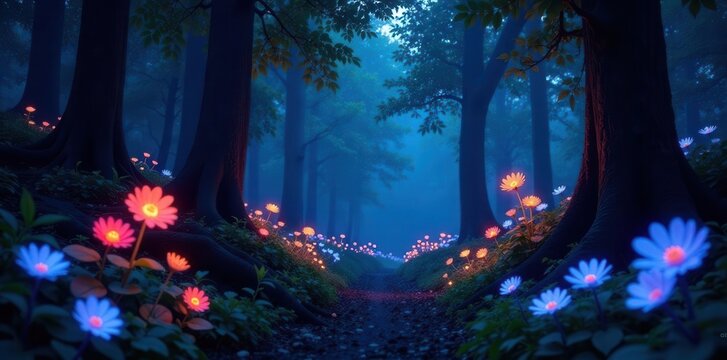 Ethereal bioluminescent flora illuminating a dark forest, phosphorescent, enchanted