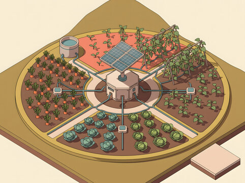 Agricultural system utilizes an isometric design to showcase modern sustainable farming methods.