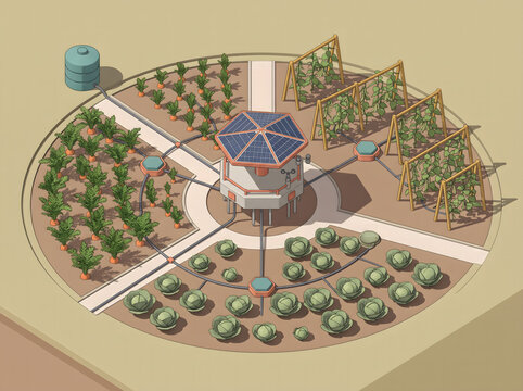 Farm features a circular layout with diverse crops and a central solar-powered irrigation hub.