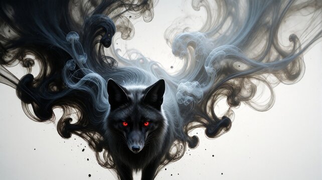 Dark magical fox surrounded by swirling smoke with glowing red eyes