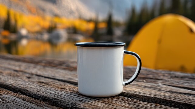 Enamel Camping Mug On Wood Outdoor Scene Photograph enamelware tin