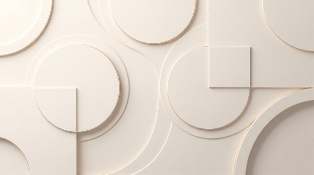Minimalist 3D geometric background, cream white abstract relief pattern, modern architectural texture with circles and squares